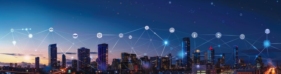 Poster - An aerial view of the cityscape skyline showing smart services, internet of things, networks, and augmented reality concepts, an early morning sunrise scene.