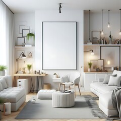 Wall Mural - A living room style interior set design with a mockup poster empty white and with a large picture frame decoration Vibrant creative Artistic.