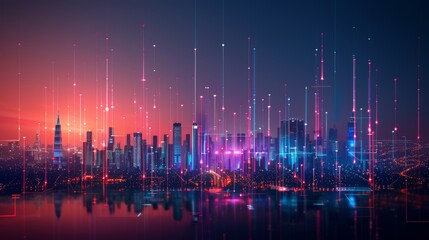 Poster - the concept of a smart city and abstract dots connected by a gradient line and intricate wave line d
