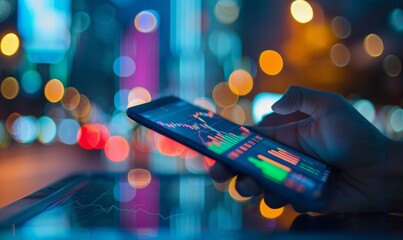 Wall Mural - Conceptual image of a stock exchange market with a hand trader touching a smartphone with graphs on a candle line in a night atmospheric city with bokeh colors.