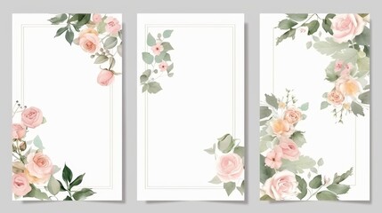 Wall Mural - Collection of premade templates, with pink flower bouquets and leaf branches. Concept for wedding ornament. Poster and invite with floral design. Greeting card, birthday invitation design background.