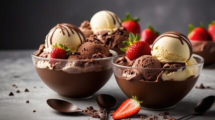 Canvas Print - Chocolate ice cream with fruits