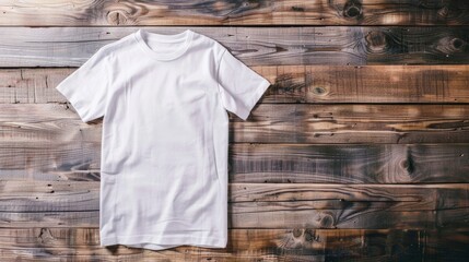 A blank white t-shirt lies on a rustic wooden background
