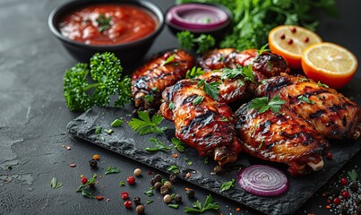 Canvas Print - Buffalo BBQ or Spicy Wings! Boned, fresh chicken wings with flying ingredients and spices. Hot and ready to serve.
