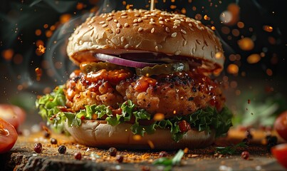 Sticker - Crispy fried chicken burger sandwich with flying ingredients, spices - hot, ready to serve and eat - food commercial ad menu banner with copy space