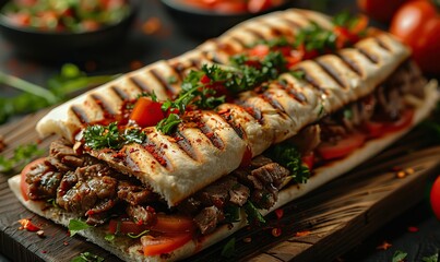 Wall Mural - Savory shawarma: grilled beef or chicken, Arabic spices, flying ingredients. Ready to serve, hot and fresh! Banner with copy space.