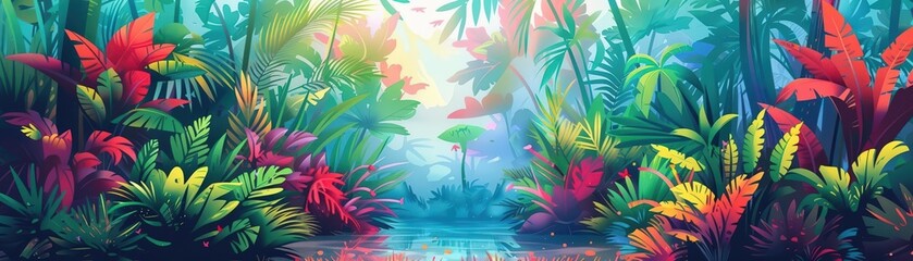 Detailed vector illustration of a vibrant tropical scene, featuring bright colors and intricate details, capturing the essence of exotic beauty
