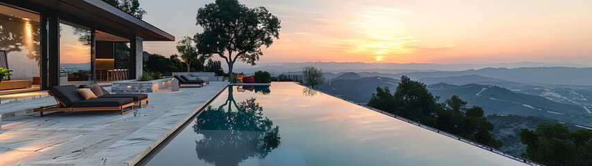 Canvas Print - elegant pool in the hills with green grass and a beautiful view. A wooden terrace overlooks a mountainous Italian landscape with a blue sky and green plants.