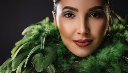 portrait of a woman with green feathers