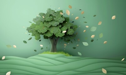 Wall Mural - Majestic Tree with Paper Leaves on Earth Foundation Minimalist Event Banner