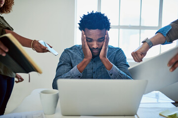 Canvas Print - Headache, chaos and business man in office with team hands for support and admin crisis on computer. Young graphic designer at startup agency with stress for multitasking, deadline or time management