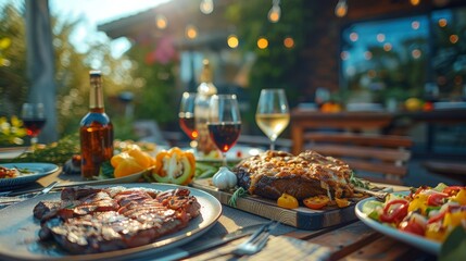 In the comfortable atmosphere of the American backyard, the backyard dinner party, the table has rich food, pizza, steak,