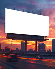 Sunset city street with cars and a blank billboard, perfect for advertising.