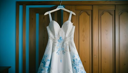 HD capture of a sleeveless, open-shoulder wedding dress on a wooden hanger, highlighting detailed floral embroidery.