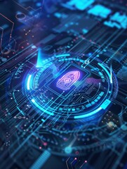 Poster - Abstract Digital Security System With Glowing Blue Circle and Keyhole Icon