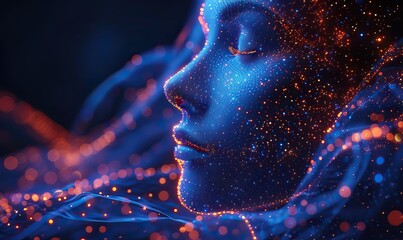 Glowing 3D human face waves on a dark blue tech background with network dots and copy space.