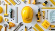 © Mr image - 3. Generate an image showcasing a yellow hard hat surrounded by a variety of construction tools, displayed in a top view arrangement on a plain white background. Highlight items such as drills, saws,