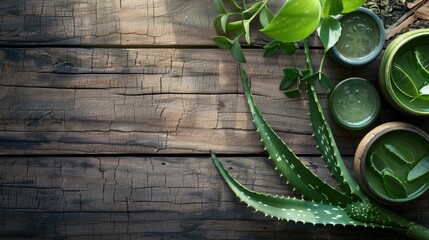 Wall Mural - Herbal skincare cosmetics with aloe vera on wooden background Beauty idea