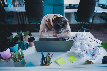 Poster - Photo of tired overworked age lady recruiter dressed formal shirt trying work modern device indoors workplace workstation loft