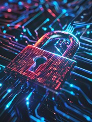 Poster - Digital Padlock Securing Circuit Board With Red And Blue Lights