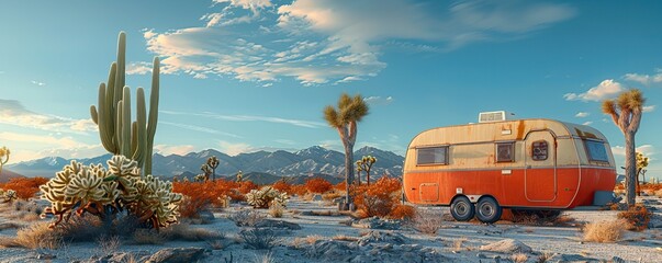 Desert caravan, retro, abandoned, blank billboard, copy space banner, cactus surroundings