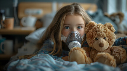 girl suffering from pneumonia lying in a hospital bed with oxygen mask. preteen kid patient with asp