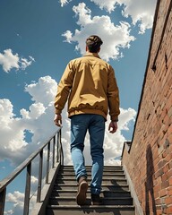 A man walks up a set of stairs, looking up towards the sky, with a brick wall to his right.