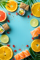 Wall Mural - Japanese sushi and fruits on blue background