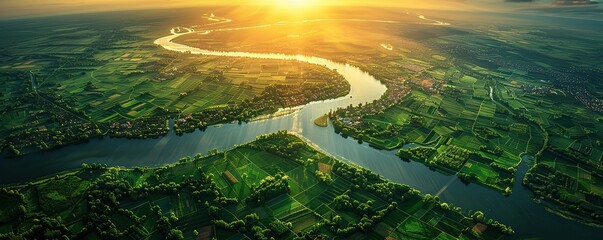 Wall Mural - Aerial satellite view of cultivated agricultural farming land fields with vivid green color, typical of European countryside farmland village town with canal river