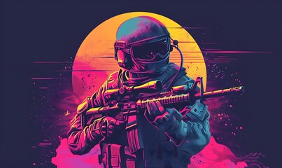 Wall Mural - Retro Airsoft Warrior Synthwave Style, Vivid Colors, Detailed T-Shirt Graphic