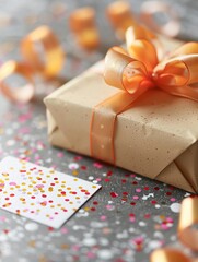Poster - Wrapped Gift Box With Orange Ribbon on Confetti Background