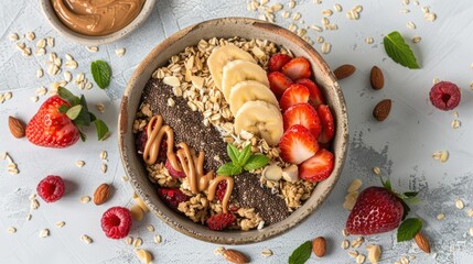 Wall Mural - Healthy granola bowl with hemp seeds maca powder peanut butter and berries on white surface