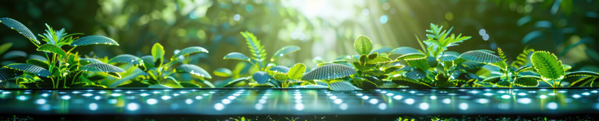 Blurred green plants background with glowing sunlight