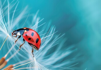 Wall Mural - Ladybug and dandelion in blue sky nature scene with beauty of small traveling insect on flower petal