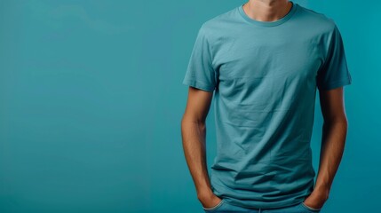 A man wearing a blue t-shirt, ready for your design