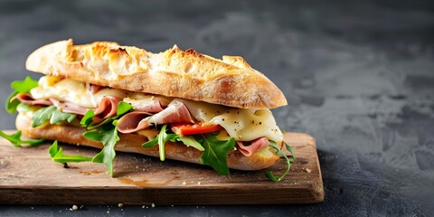 Wall Mural - Tasty Italian sub with fresh ingredients and melted cheese a classic favorite. Concept Italian Subs, Fresh Ingredients, Melted Cheese, Classic Favorite, Tasty Delight