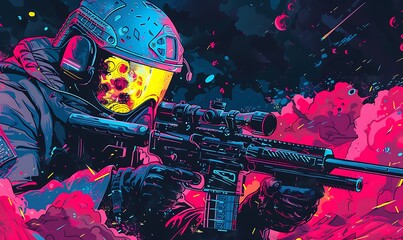 Futuristic Airsoft Battle Vivid Colors, Synthwave Style, Screen Printed T-Shirt
