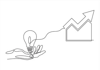 hand holding light bulb with graph economic growth success chart.continuous line vector illustration