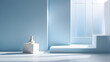 © Linggakun - Minimalistic simple abstract light blue background for product presentation. Shadow and light from windows on wall.