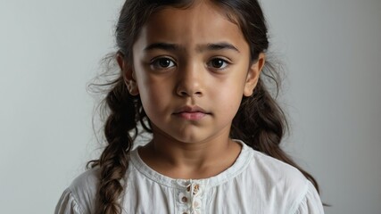 Wall Mural - hispanic kid girl serious confident portrait looking at camera on plain white background