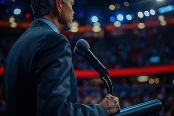 Man Giving a Speech on a Stage with a Microphone