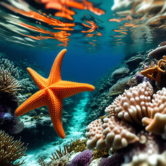 Wall Mural - Orange sea star in clean underwater ocean,