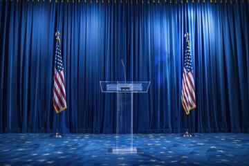 Podium with American Flags and Blue Curtains