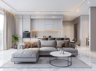 Wall Mural - Interior of a modern living room with a grey sofa and coffee table near a light colored kitchen