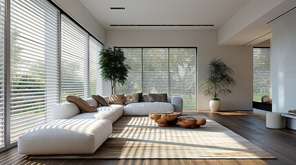 Wall Mural - he white blinds in the living room, white walls, minimalist style, light and shadows, high-end interior design, large windows, wooden floors, modern furniture, simple lines, natural lighting, soft ton