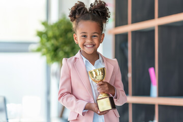 An African girl proudly displays her gold trophy against a blur office backdrop, symbolizing achievement and recognition in academia.