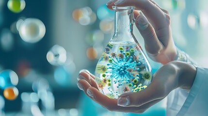 Poster - A Scientist Holds A Flask Filled With Blue And Green Viral Particles