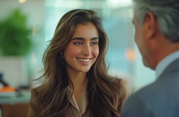 Young Woman Smiling at Man in Office