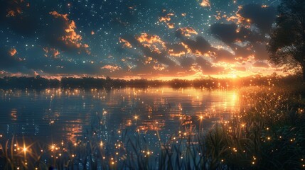 Wall Mural - Starlight illuminates a tranquil scene, with countless stars sparkling brightly in the clear, dark sky.