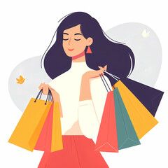 Girl doing shopping walk with shopping bags flat vector illustration